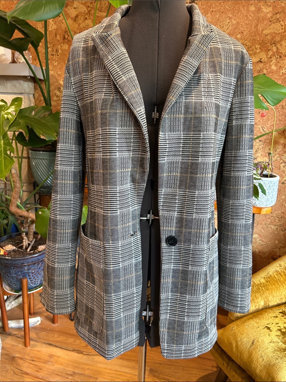 H&M Tailored Glen Plaid Single-Button Blazer - Gray